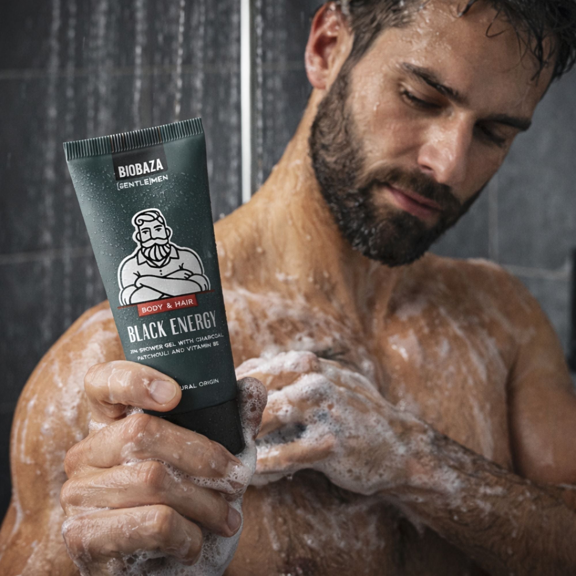 BIOBAZA Black Energy 2in1 Duschgel & Shampoo – Mit Aktivkohle, Patchouli & Vitamin B5
