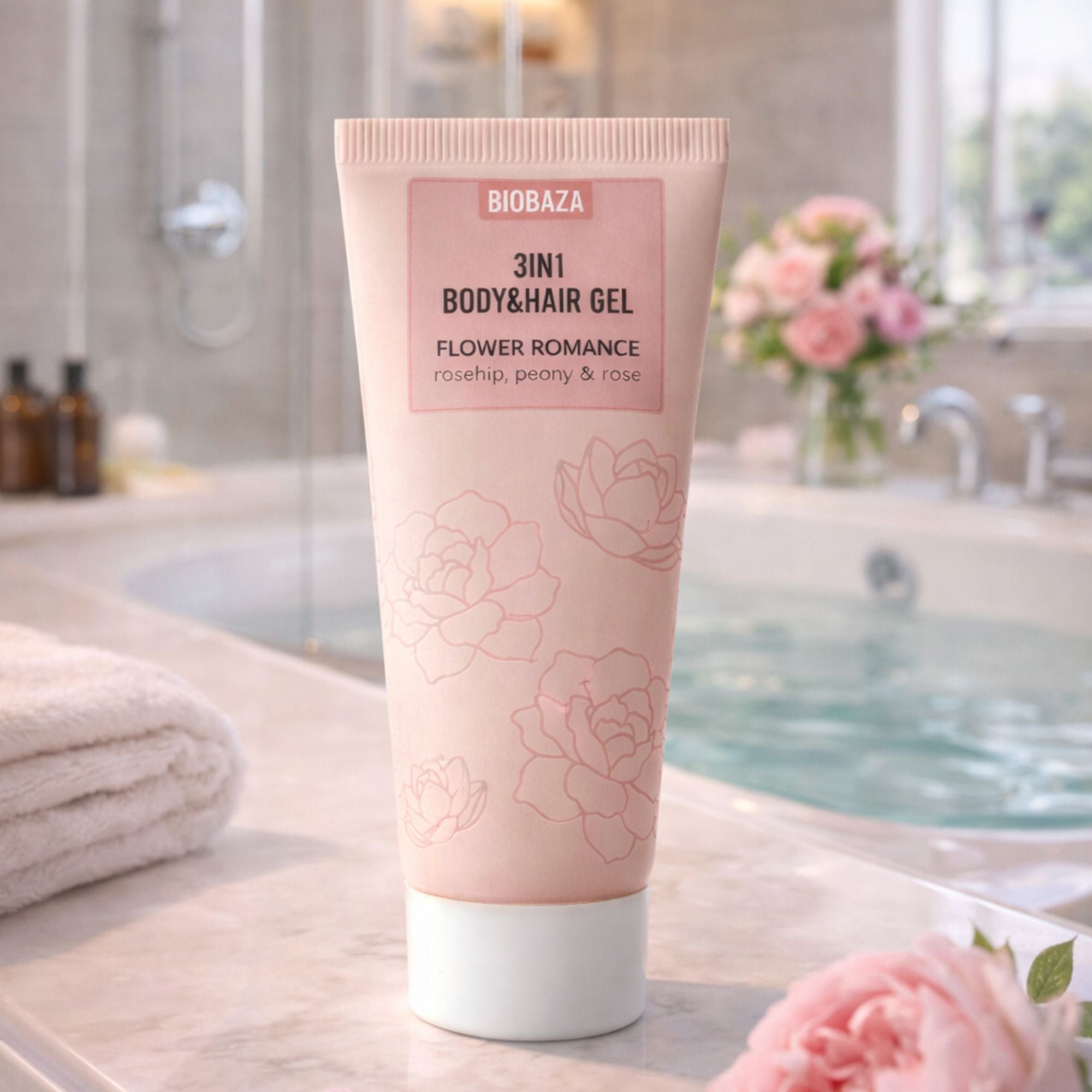 BIOBAZA Flower Romance 3in1 Duschgel & Shampoo – Mit Rose & Pfingstrose, 96 % natürlich