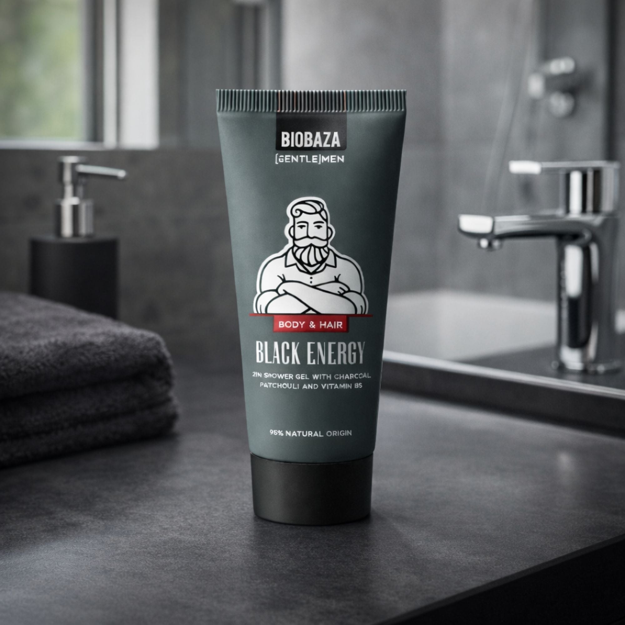 BIOBAZA Black Energy 2in1 Duschgel & Shampoo – Mit Aktivkohle, Patchouli & Vitamin B5