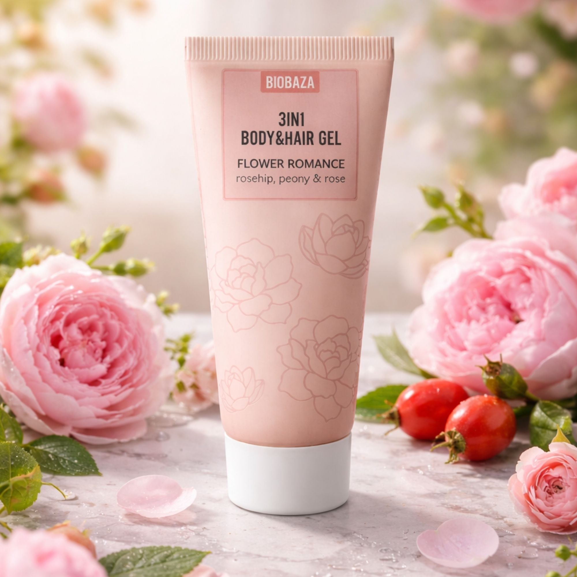 BIOBAZA Flower Romance 3in1 Duschgel & Shampoo – Mit Rose & Pfingstrose, 96 % natürlich
