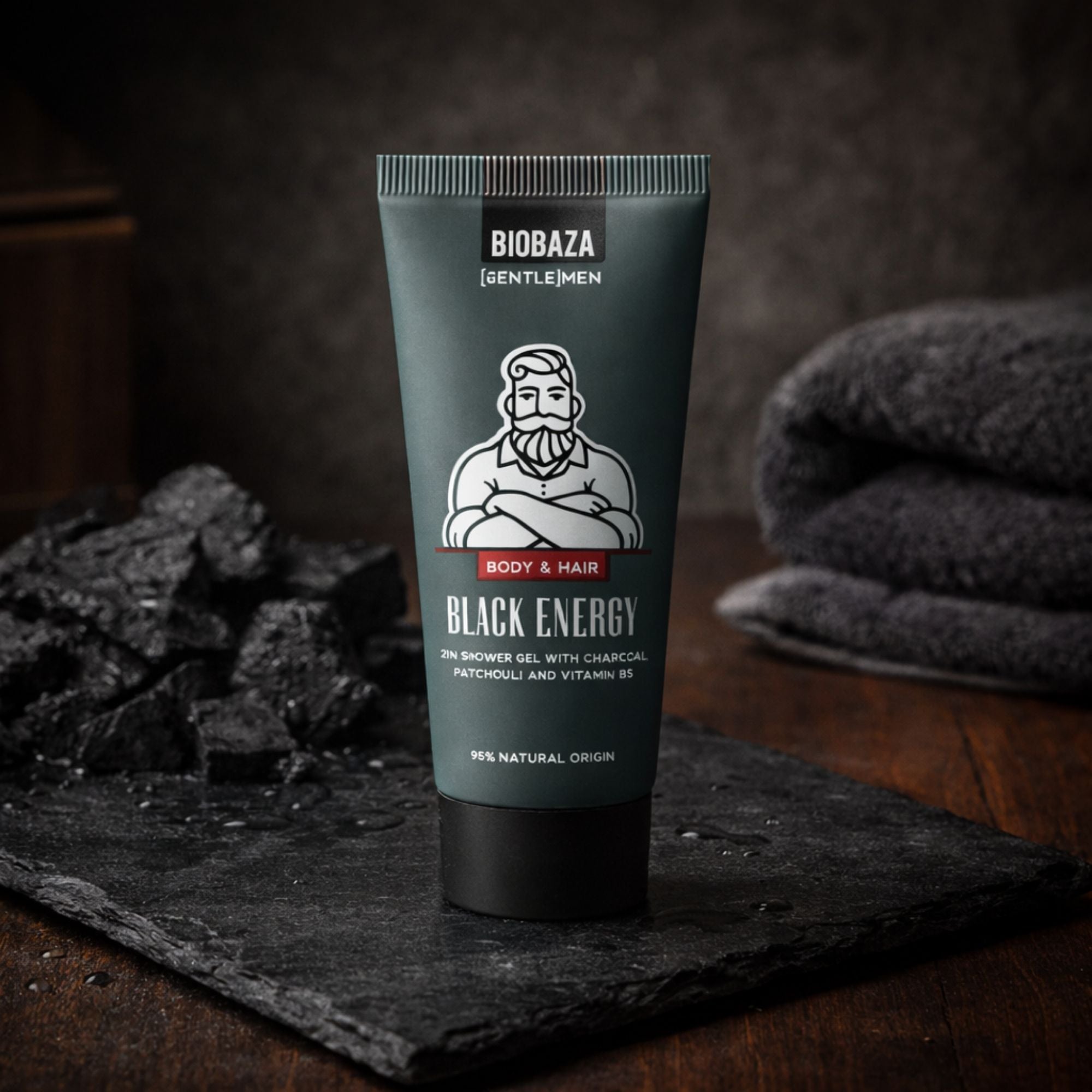 BIOBAZA Black Energy 2in1 Duschgel & Shampoo – Mit Aktivkohle, Patchouli & Vitamin B5