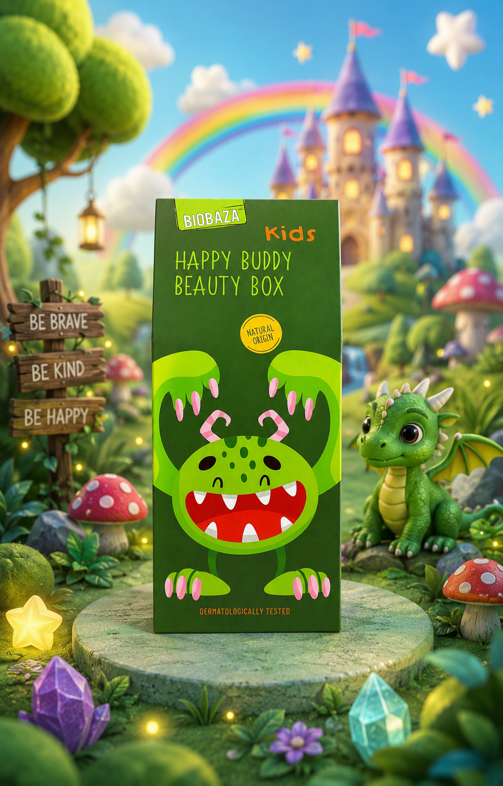 BIOBAZA Kids Happy Buddy Beauty Box – Kinder-Pflegeset mit 2-in-1 Duschgel, Deo Roll-On & Lippenbalsam